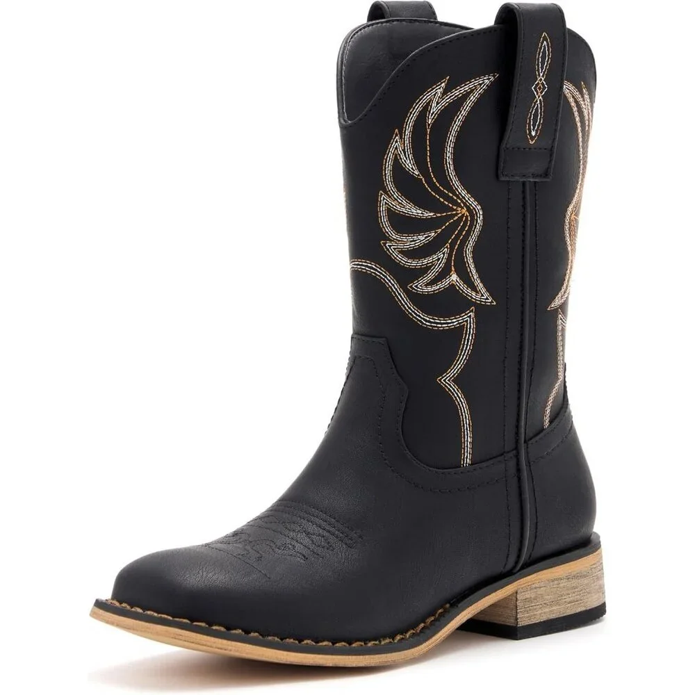 ⚡Girls Black Embroidered Cowgirl Boots Western Square Toe Mid Calf Riding Shoes